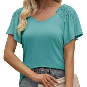 T-Shirts | Shirred Puff Sleeve Crew Neck Top – Womens T-Shirts T-Shirts